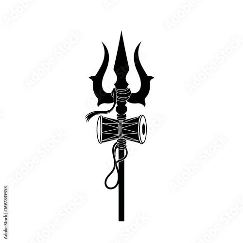 A stark black and white illustration of a trident and a damaru drum, symbolizing spirituality.