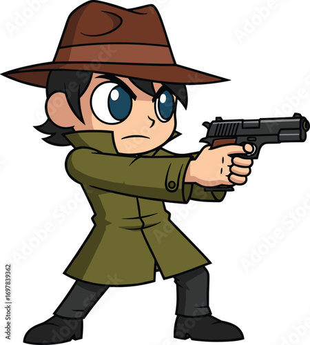 Cartoon detective, spy character, green trench coat, fedora hat, handgun pose, mystery agent, vector illustration, cad drawing, flat design, action stance