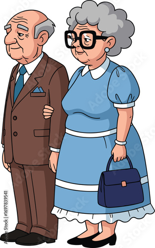 Cartoon elderly couple, affectionate pose, blue dress, brown suit, linked arms, vector illustration, cad drawing, flat design, senior love, companionship