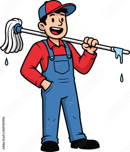 Cartoon janitor, red shirt, blue overalls, mop on shoulder, smiling cleaner, vector illustration, cad drawing, flat design, hygiene worker, cleaning service