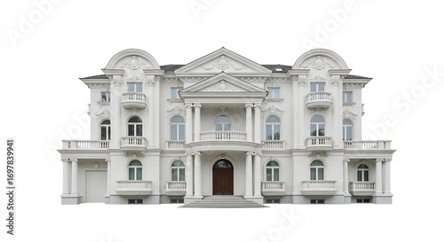 Grand white mansion stands majestically against a bright background showcasing neoclassical architecture.. AI Generated