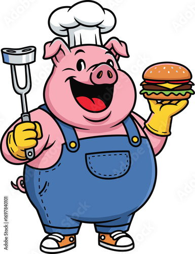Cartoon pig chef, hamburger holder, grilling fork, cooking character, food mascot, vector illustration, cad drawing, flat design, barbecue theme, kitchen fun
