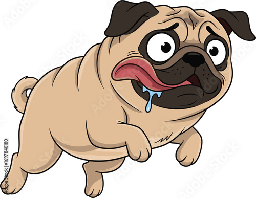 Cartoon pug dog, tan body, bulging eyes, drooling tongue, running pose, funny pet, vector illustration, cad drawing, flat design, playful puppy