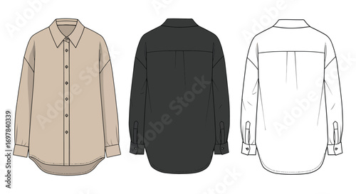 three shirt designs shown front back and side views