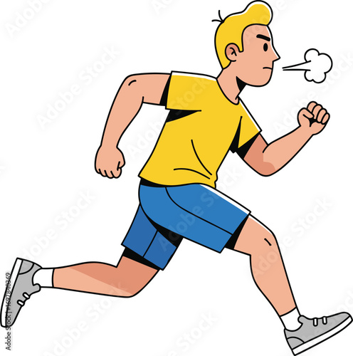 Cartoon runner, yellow shirt, blue shorts, mid-stride pose, puff of breath, vector illustration, cad drawing, flat design, fitness character, active lifestyle