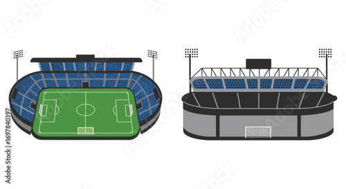 aerial view of soccer stadium with seating and field