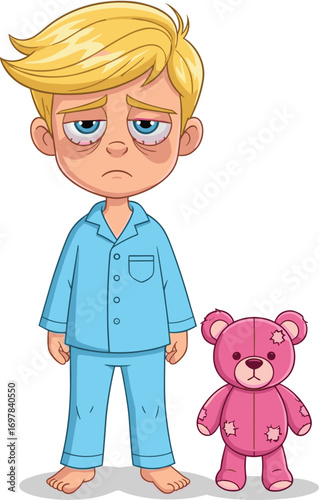 Cartoon sleepy child, blue pajamas, sad expression, pink teddy bear, bedtime moment, vector illustration, cad drawing, flat design, emotional pose, comfort scene