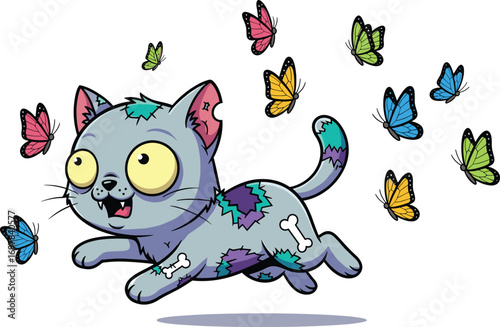 Cartoon stitched cat, colorful patches, chasing butterflies, quirky feline, playful pet, vector illustration, cad drawing, flat design, Halloween animal, excited expression