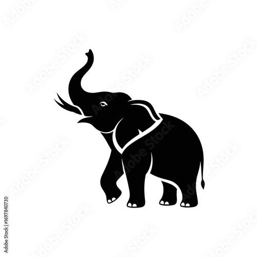 Silhouette of an elephant with its trunk raised, walking forward on a white background.