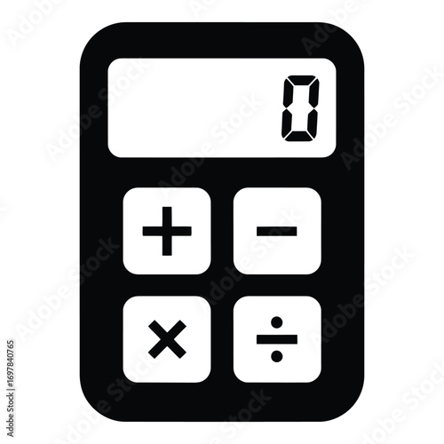 Simple black calculator icon with display showing zero and basic arithmetic buttons for math vector
