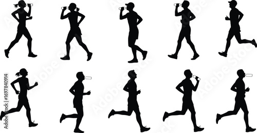 Silhouettes of runners jogging and drinking water, male and female athletes hydrating during workout, fitness and wellness vector illustration