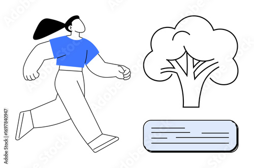 Woman in motion beside a large tree and open book, representing growth, learning, and progress. Ideal for education, personal development, sustainability, training, mindfulness leadership simple