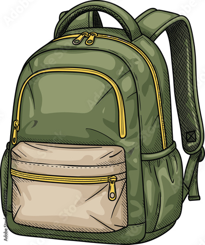 Green backpack, beige pocket, yellow zipper, school bag, travel gear, vector illustration, flat design, cad drawing, technical sketch, lifestyle accessory