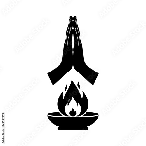 A black silhouette depicts hands pressed together in prayer above a burning flame within a shallow bowl, symbolizing reverence and spiritual practice.