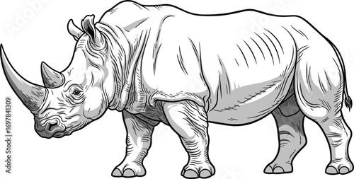 Rhinoceros side view, black and white sketch, horned animal, textured skin, wildlife vector, cad drawing, flat illustration, realistic anatomy, safari beast