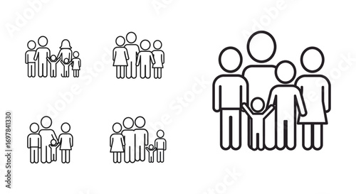 simple line drawings depict various family group compositions
