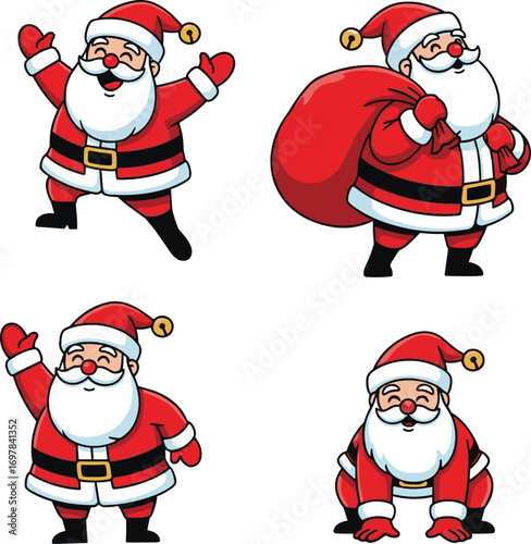 Santa Claus cartoon, Christmas character, festive poses, red suit, holiday mascot, vector illustration, flat design, cad drawing, cheerful Santa, gift delivery