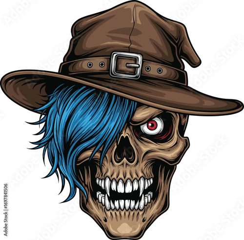 Stylized skull, pointed hat, red eye, blue hair, gothic horror, fantasy undead, vector illustration, cad drawing, flat design, Halloween character