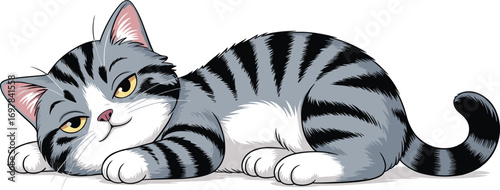 Cute cartoon tabby cat lying down, happy relaxed feline illustration, vector drawing of smiling kitty, adorable pet animal character isolated