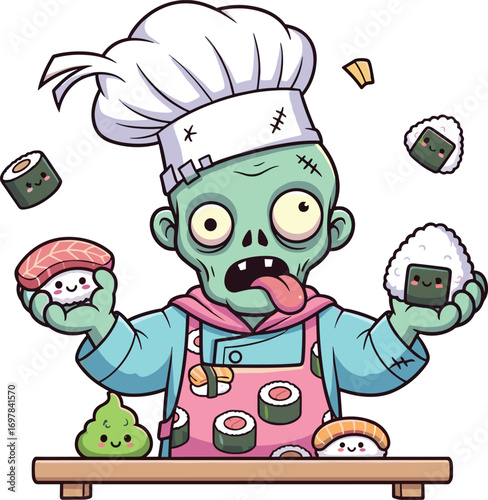Zombie chef, cartoon sushi master, green skin, pink apron, smiling food, horror humor, vector illustration, cad drawing, flat design, Halloween cook