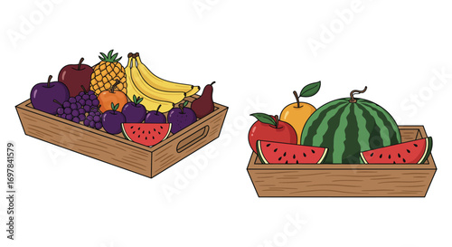 colorful fruits arranged neatly in wooden crates