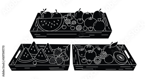 various fruits neatly arranged in black crates for display