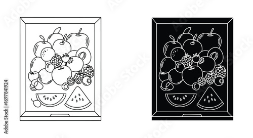 colorful fruits displayed in vibrant box contrasted with monochrome version