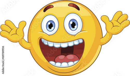 Excited emoji with raised hands, big open mouth, happy cartoon smiley face, joyful expression, yellow emoji character, friendly digital vector art