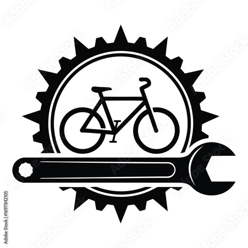 Bicycle repair icon featuring a spoke gear and open-ended wrench tool vector
