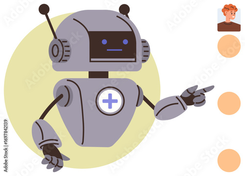 Robot with a cross emblem pointing at circular options and a user avatar. Ideal for chatbot, user interaction, technology, AI, automation, customer service, healthcare. Simple flat metaphor
