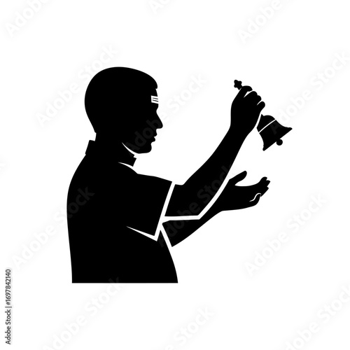 A black silhouette of a Hindu man with a tilak on his forehead performing a prayer ritual by ringing a bell.