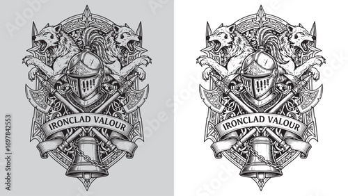Knight Helmet and Wolves, Ironclad Valour Heraldic Crest