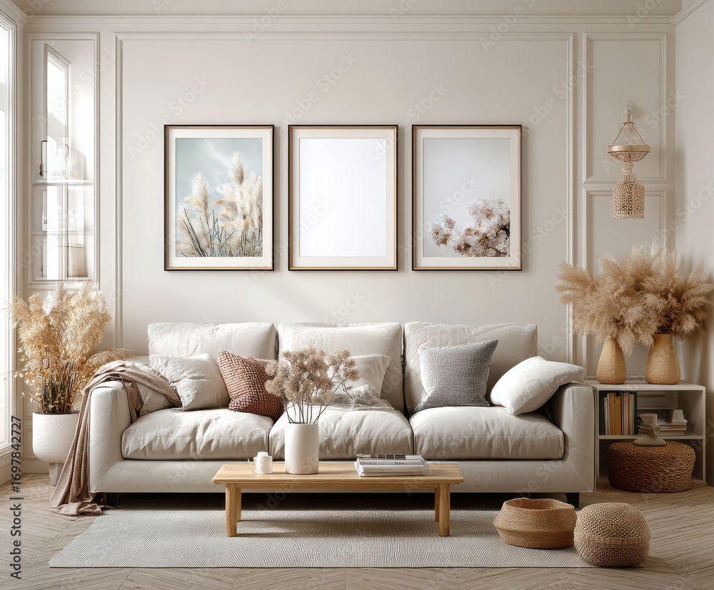 Fototapeta premium Stylish modern living room with elegant decor and framed artwork
