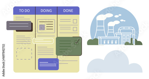 Kanban task board for project management with columns to do, doing, done alongside industrial factory emitting smoke. Ideal for process, productivity, project, teamwork, environmental, efficiency