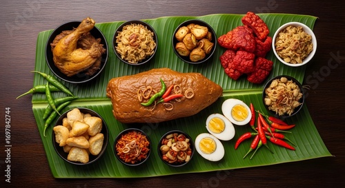 Wallpaper Mural Assorted Malaysian dishes on a banana leaf, including chicken, rice, and other side dishes. Torontodigital.ca