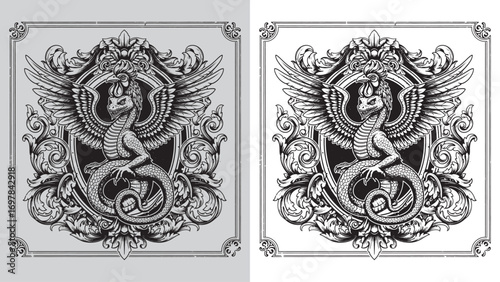 Basilisk Mythical Creature, Heraldic Emblem with Ornate Frame