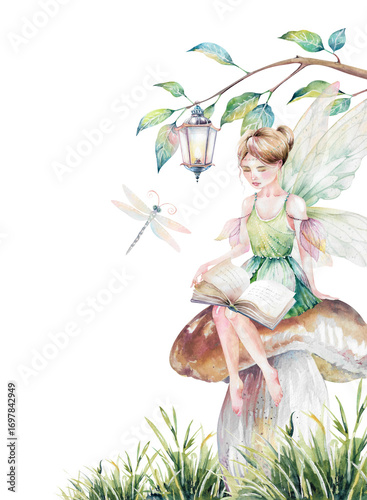 Little fairy with wings in green dress sitting on mushroom in grass with book, dragonflies, branch and lantern. Bright clipart for holiday cards hand drawn watercolor illustration isolated on white