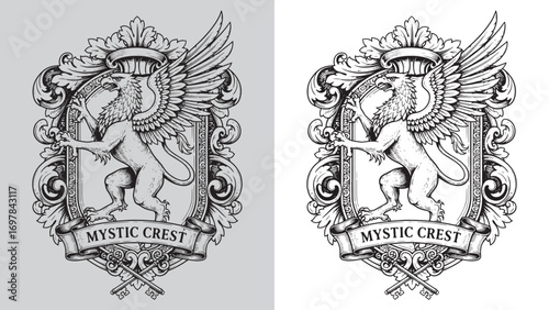 Griffin on Shield, Mystic Crest, Heraldic Emblem with Keys