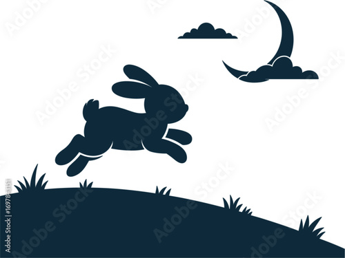 Silhouette of a rabbit leaping across a moonlit hill under a crescent moon