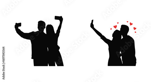 couples taking selfies with phones hearts above them
