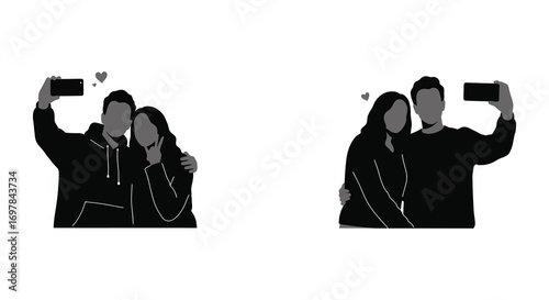 a couple taking selfies with hearts above their heads