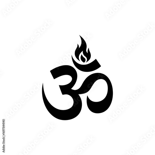 Black and white stylized Om symbol with a flame.