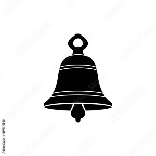 A simple black silhouette icon of a traditional bell with a clapper, isolated on a white background.