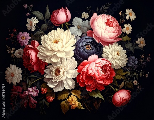 Beautiful bouquet of different flowers on black background.