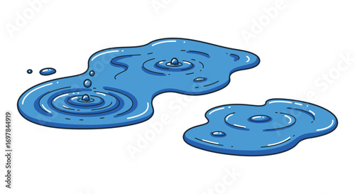 blue liquid puddles with ripples and droplets on white background