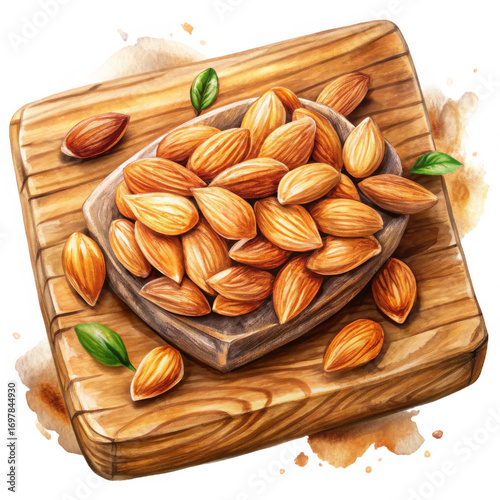 Photo of a rustic wooden cutting board with a pile of fresh almonds in a small bowl, with green leaves, isolated on a transparent background.