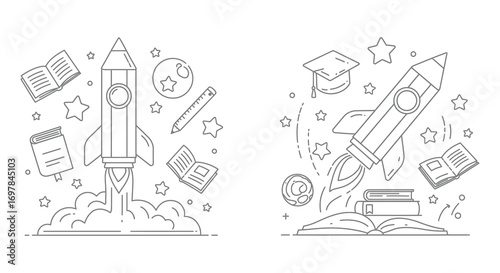 a rocket shaped pencil launching into space surrounded by books