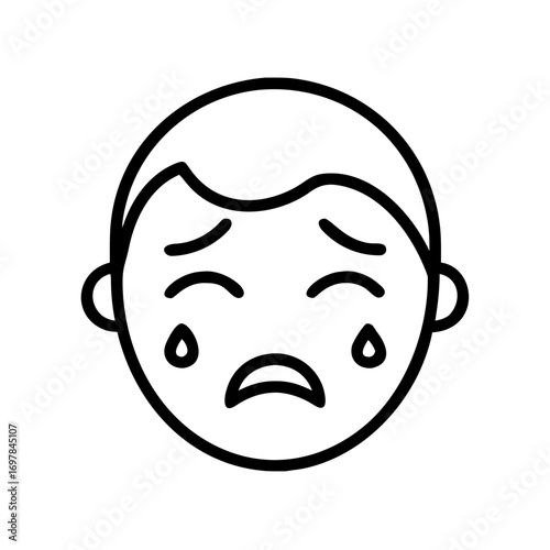 Minimalist black outline vector icon of a crying boy, symbolizing sadness, emotion, and child feelings. Isolated on a transparent background