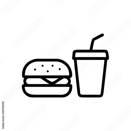 Minimalist black outline vector icon of a fast food combo with a burger and soda, symbolizing quick meals, snacks. Isolated on a transparent background