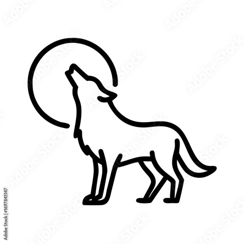 Minimalist black outline vector icon of a howling wolf silhouette with a full moon. Isolated on a transparent background